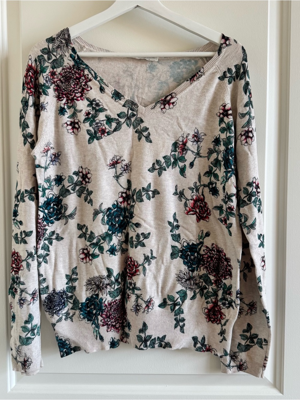 Promod Beige V-Neck Sweater with Green and Burgundy Floral Print